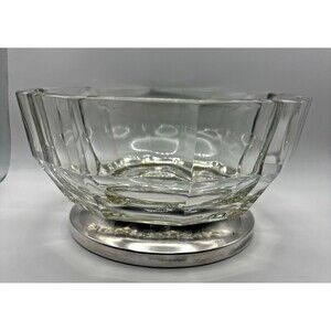 Vintage Crystal Clear Paneled Glass Salad Bowl w Silver Plated Foot Base ITALY